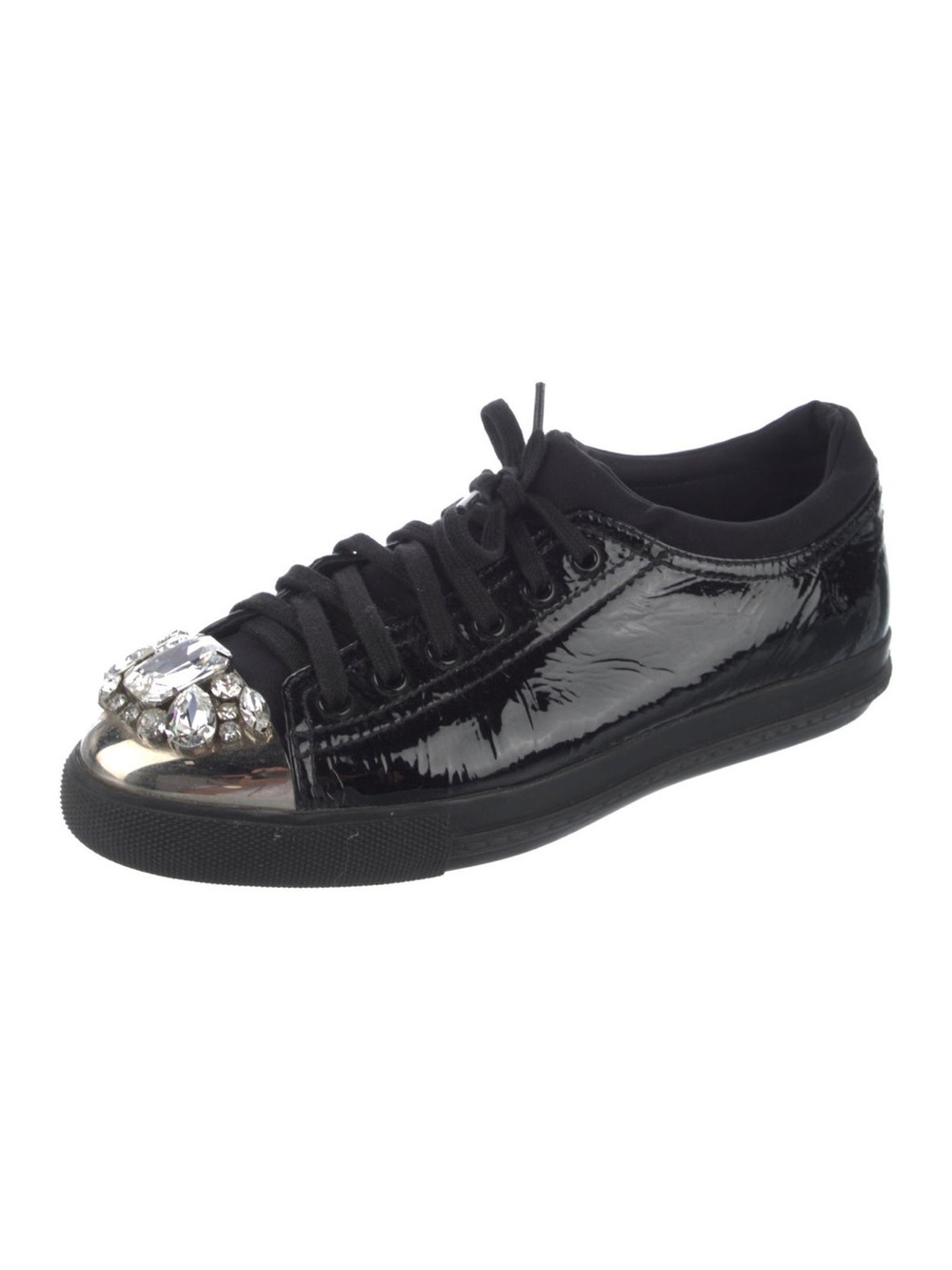 Miu Miu Crystal Cap Toe Black Patent Leather Sneakers Shoes EUC 6